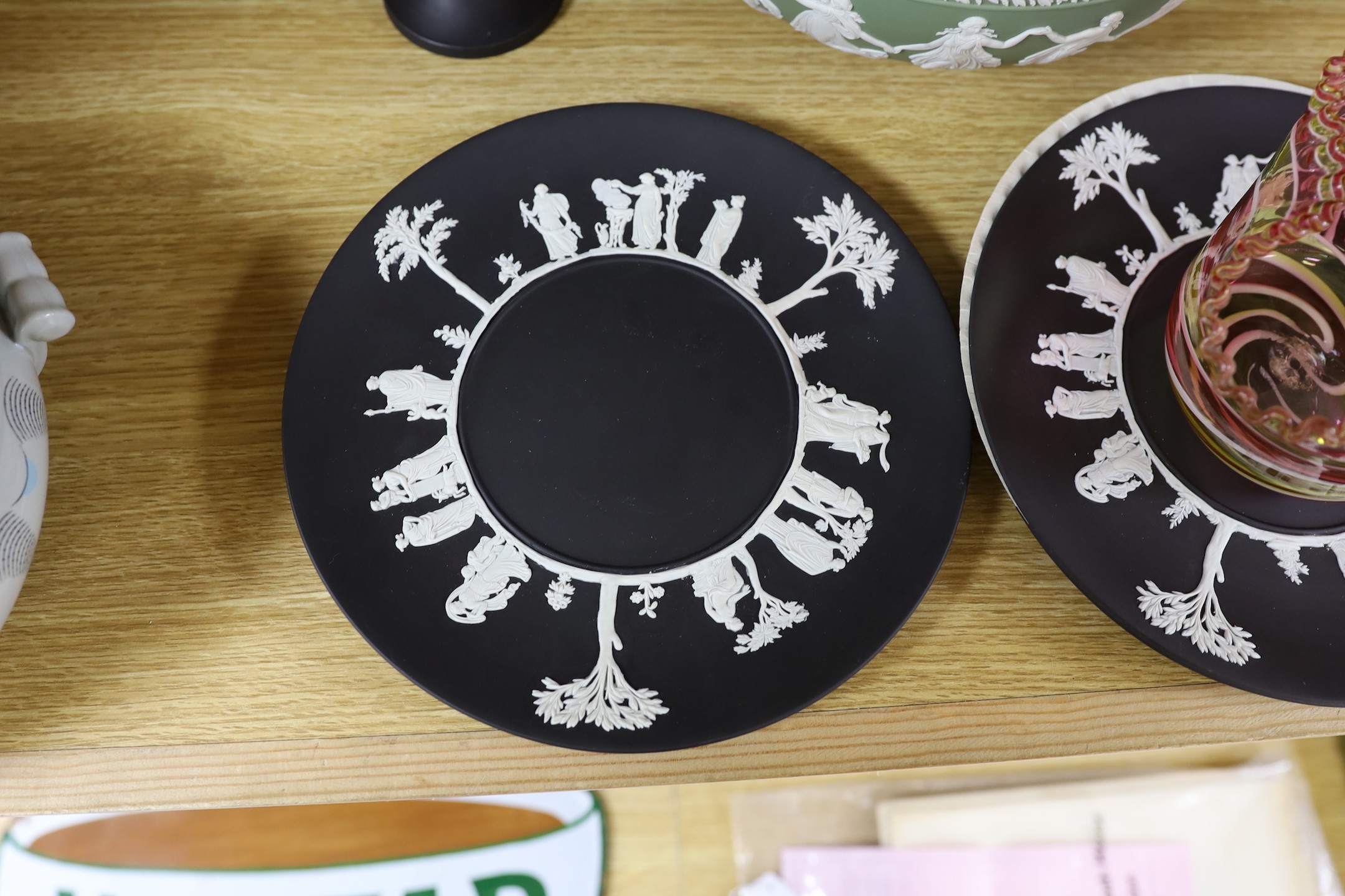 A Wedgwood black basalt pair vases, bowls, 3 plates and green bowl and glass bowl, vase 18 cms high